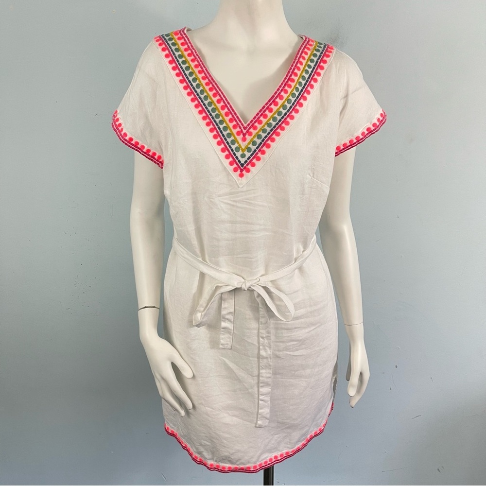 Boden White Linen Embroidered Kaftan Mini Dress Belted UK 8 - US 4R Beach Resort